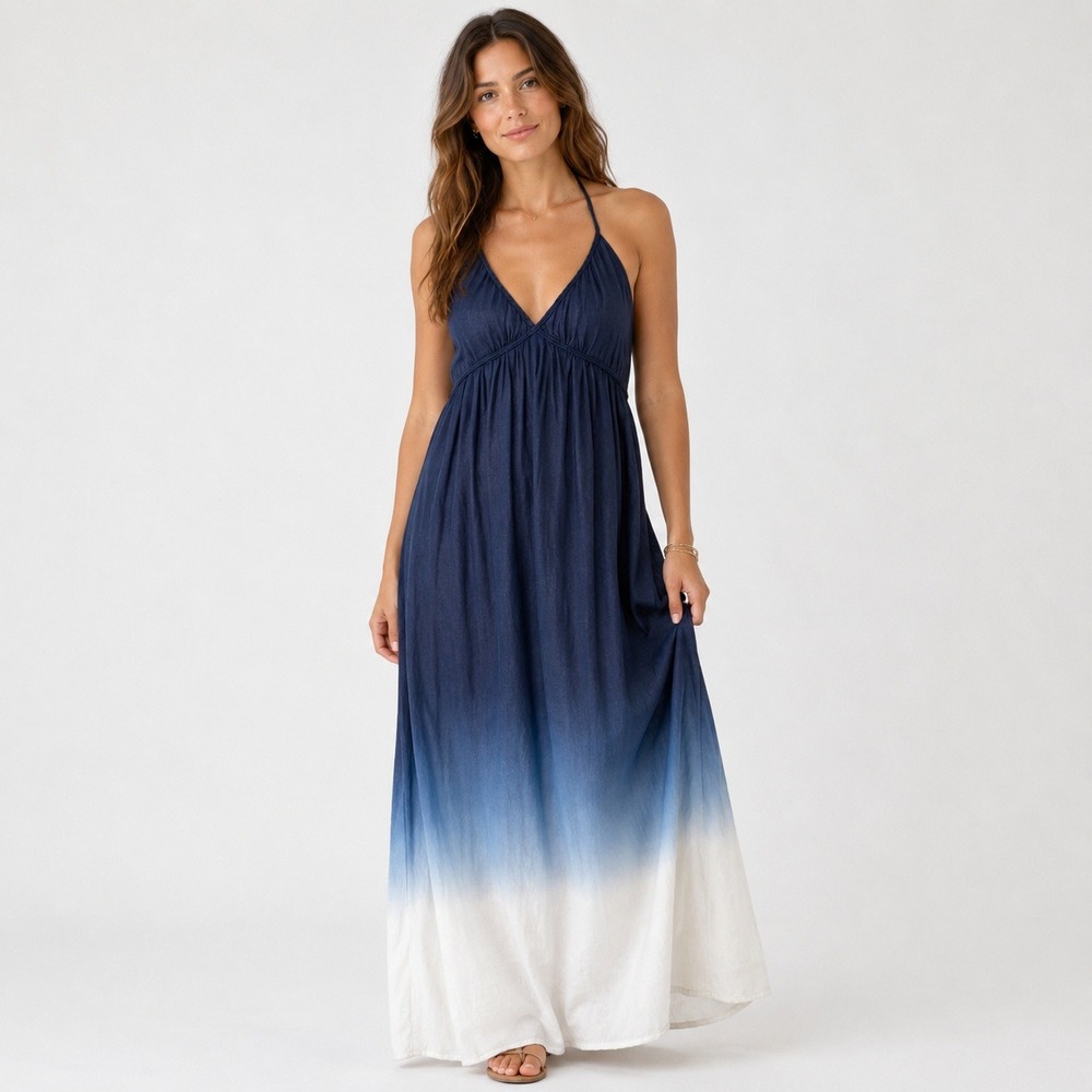 Gap Ombre Cotton Halter Maxi Dress Womens Medium Blue White Boho Coastal Summer - Picture 1 of 11